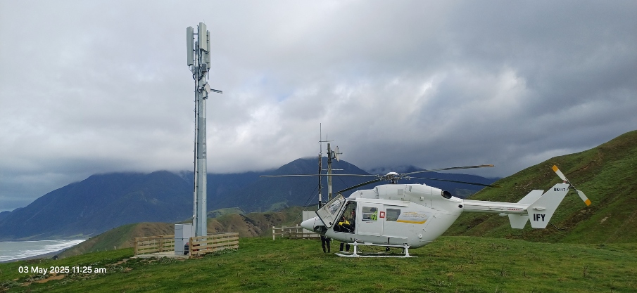 Keeping NZ communities connected, come hail or high water Downer Telco technicians accessing RCG White Rock site, Wairarapa, by helicopter