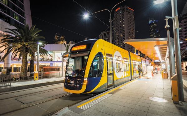 Gold Coast light rail tram pulling into the station